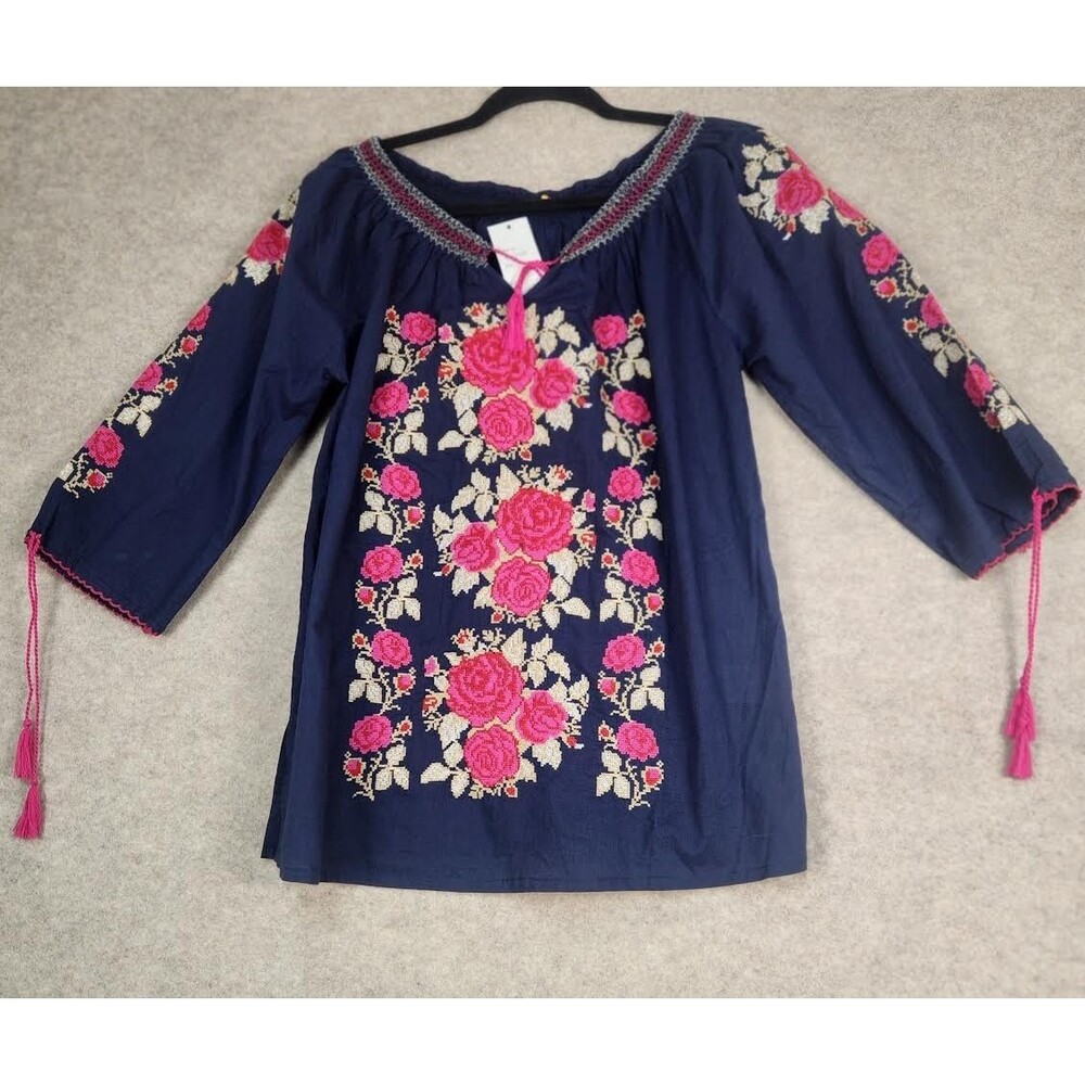 DURGA Floral Embroidered Needlepoint Smocked Drawstring Scoop Neck Top XL Boho
